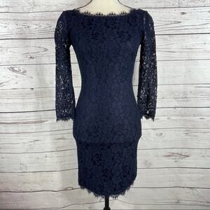 Diane von Furstenberg Zarita Mini Dress Lace Overlay 3/4 Sleeves Scalloped Hem